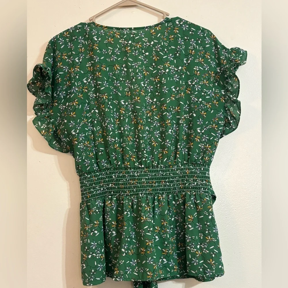 Max Studio Green Floral Tie-Waist V-Neck Blouse - Picture 8 of 8